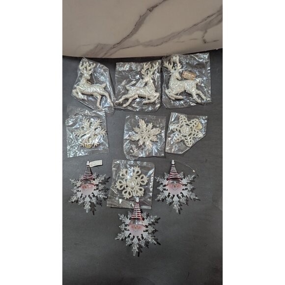 Glittery Christmas Ornaments Lot Snowflakes Reindeer Snowman Decor Silver & Red - Picture 4 of 6